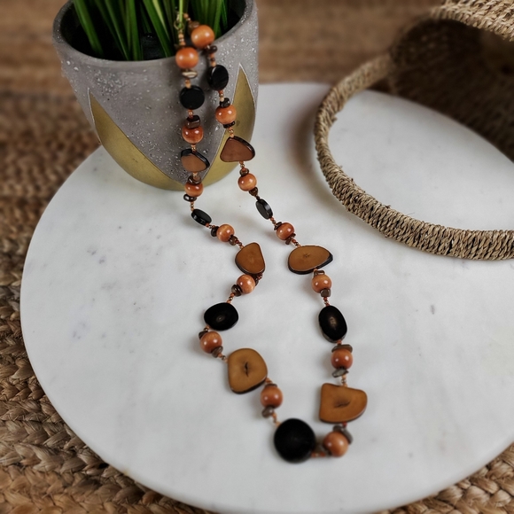 Vintage Boho long petrified chunky wood bead slice necklace - Picture 14 of 14